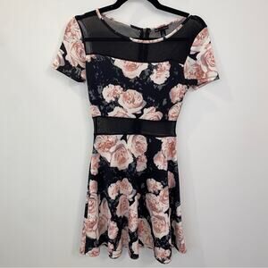 Black Sheer Mesh Cut-out Pink Floral Whimsigoth Romantic Goth Mini Dress XS